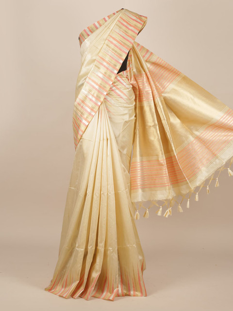 

Pothys Cream-Coloured Solid Jute Silk Saree With Tasseled Pallu