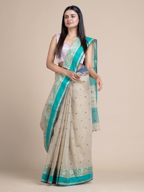 

Mitera Beige & Blue Pure Cotton Woven Design Cotton Taant Saree