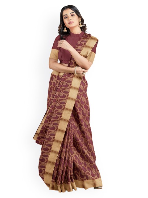

Kalamandir Burgundy & Gold-Toned Silk Blend Woven Design Chanderi Saree