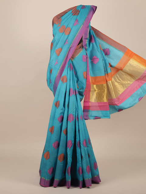 

Pothys Turquoise Blue Printed Jute Silk Saree