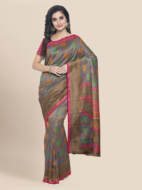 

Kalamandir Grey & Pink Silk Blend Woven Design Banarasi Saree