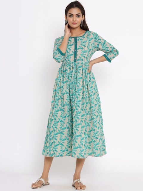 

FABRIC FITOOR Women Green & Grey Printed A-Line Dress