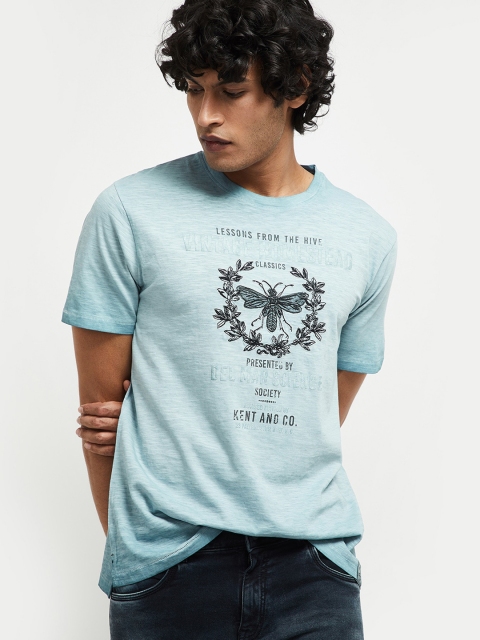 

max Men Blue Printed Cotton Round Neck Pure Cotton T-shirt
