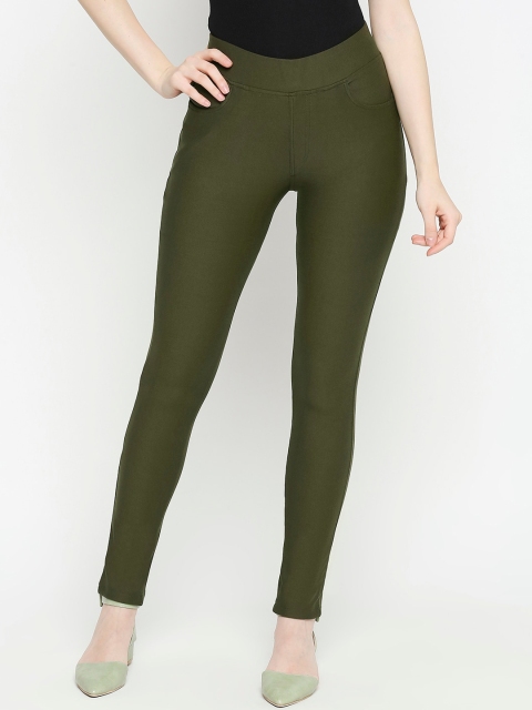 

fungus Women Olive Green Solid Slim-Fit Treggings