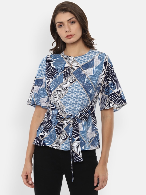 

Van Heusen Woman Blue & White Tropical Printed Flared Sleeves Cinched Waist Top