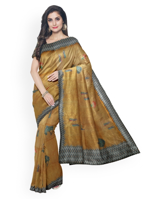 

Kalamandir Yellow Linen Blend Printed Banarasi Saree