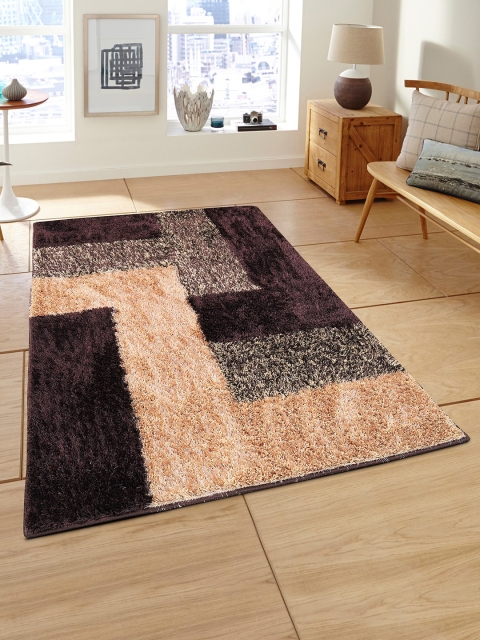 

ROMEE Brown & Beige Geometric Patterned Heavy-Shaggy Anti-Skid Floor Carpet