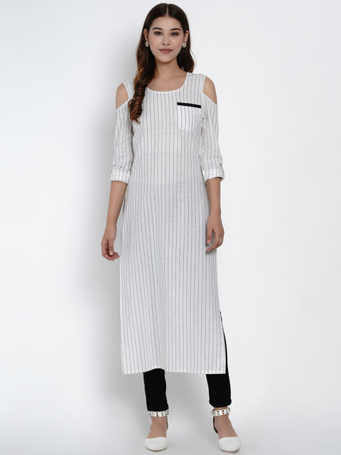 

Texco Women White & Black Striped Cold-Shoulder Sleeves Pure Cotton Kurta