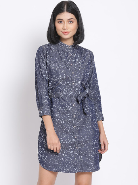 

FOSH Women Navy Blue & White Printed Shirt Dress
