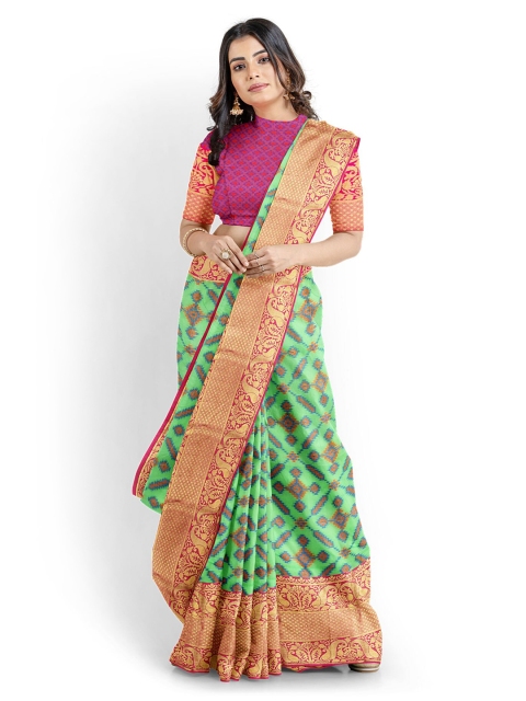 Kalamandir Green Linen Blend Woven Design Chanderi Saree