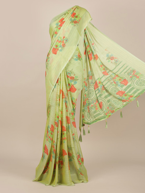 

Pothys Green Floral Printed Poly Chiffon Saree With Tasseled Pallu