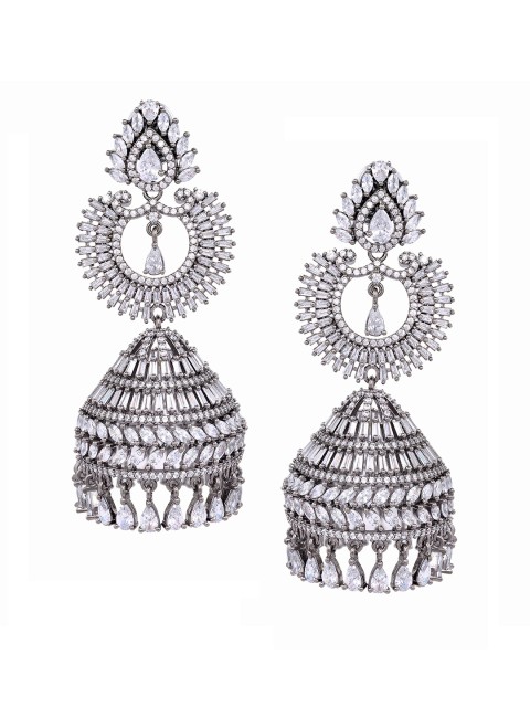 

Saraf RS Jewellery Silver-Toned Rhodium Plated AD Studded Dome Shaped Drop Earrings
