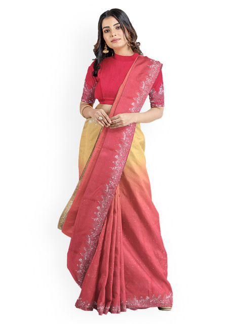 

Kalamandir Pink & Beige Colourblocked Silk Blend Embellished Saree