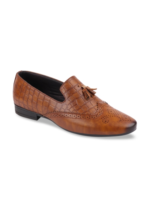 

FAUSTO Men Tan Brown Textured Semiformal Tasselled Loafers