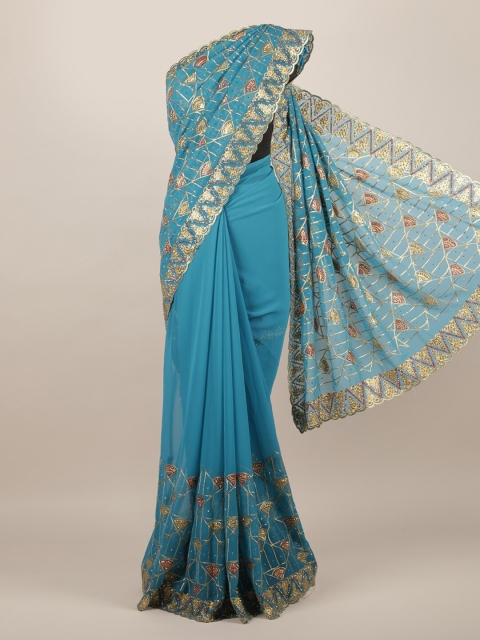 

Pothys Turquoise Blue Embellished Poly Chiffon Saree