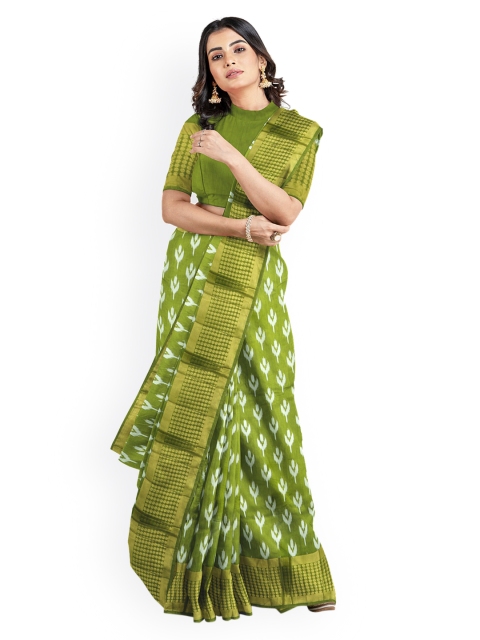 

Kalamandir Green Silk Blend Printed Ikat Saree