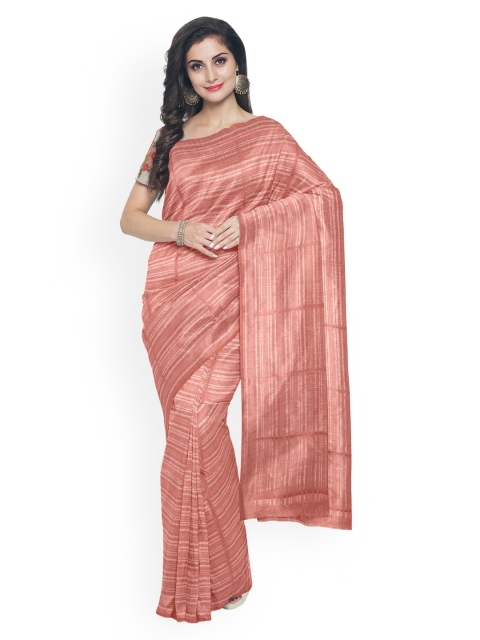 

Kalamandir Coral Pink & Beige Silk Blend Striped Saree