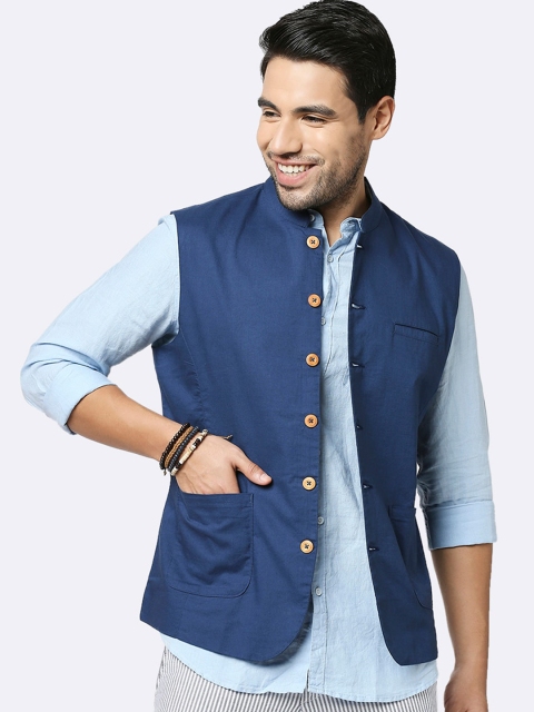 

Bewakoof Men Blue Solid Pure Cotton Nehru Jacket