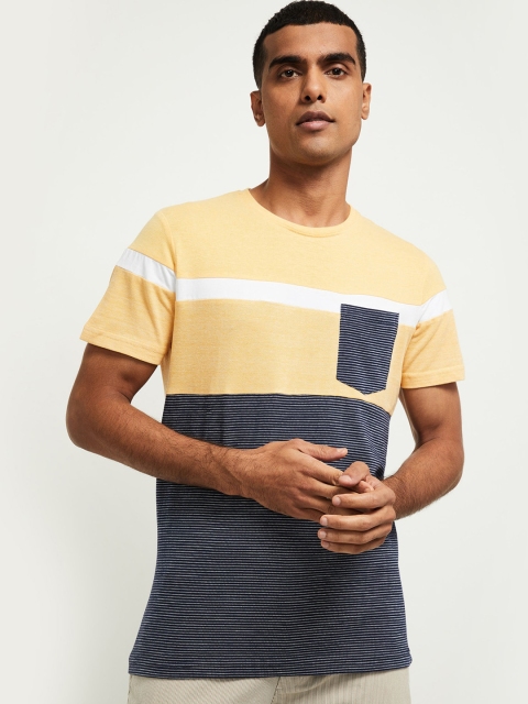

max Men Yellow Navy Blue Colourblocked Round Neck Cotton Pure Cotton T-shirt