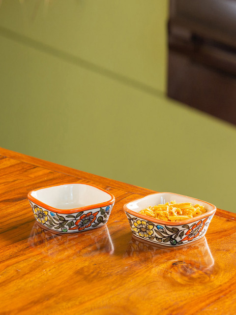 

ExclusiveLane Set Of 2 White & Orange Flower Hand-Painted Serving Bowls