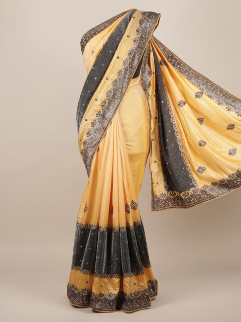 

Pothys Yellow & Charcoal Jute Silk Colourblocked Saree