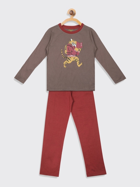 

Kanvin Boys Brown & Maroon Printed Night suit
