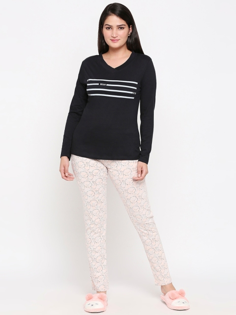 

XIN Women Black & White Striped Night suit