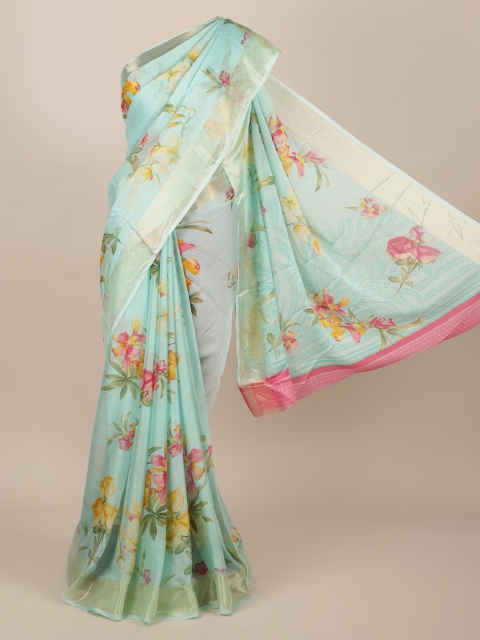 

Pothys Sea Green & Orange Poly Chiffon Printed Saree