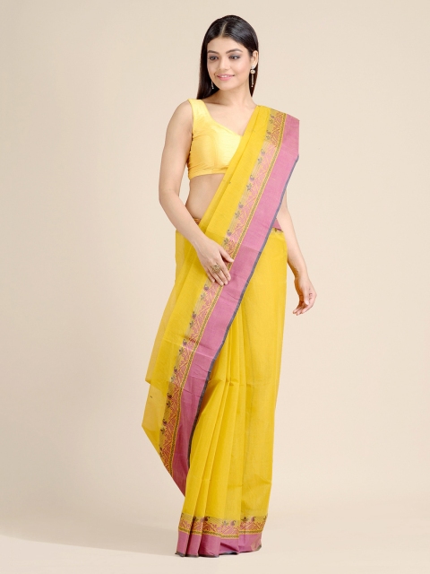 

Mitera Mustard Pure Cotton Solid Taant Saree