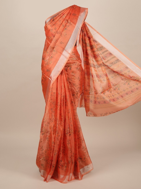 

Pothys Orange & Green Jute Silk Floral Printed Saree