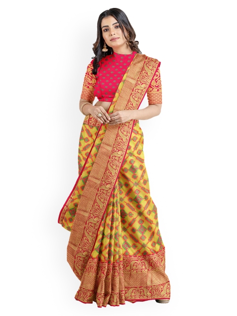 

Kalamandir Yellow Linen Blend Printed Chanderi Saree