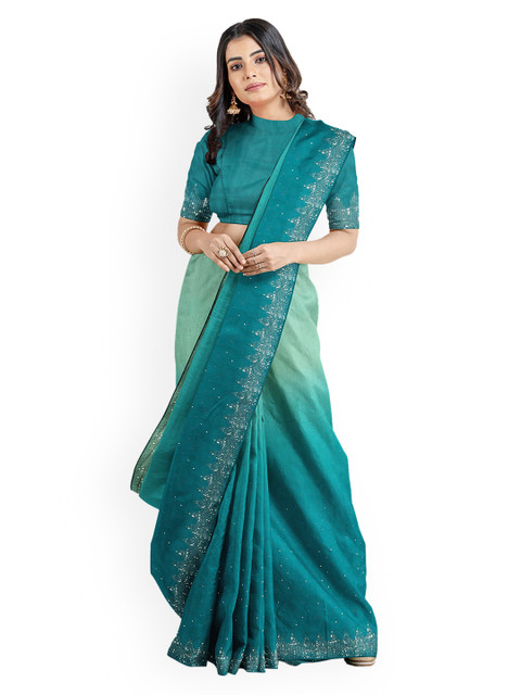 

Kalamandir Turquoise Blue & Sea Green Colourblocked Silk Blend Embellished Saree
