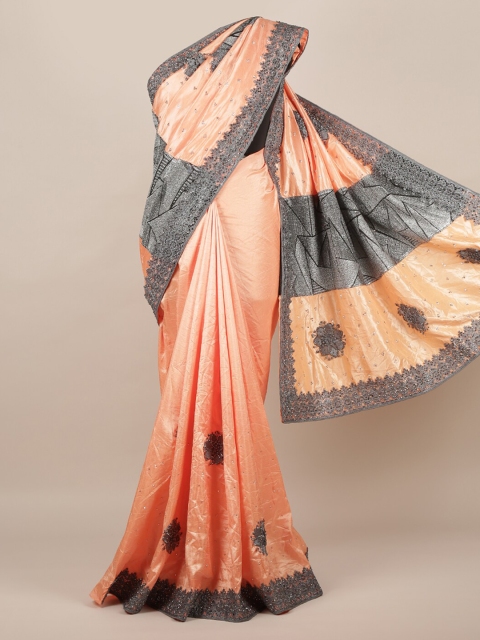 

Pothys Peach-Coloured & Black Jute Silk Embellished Saree