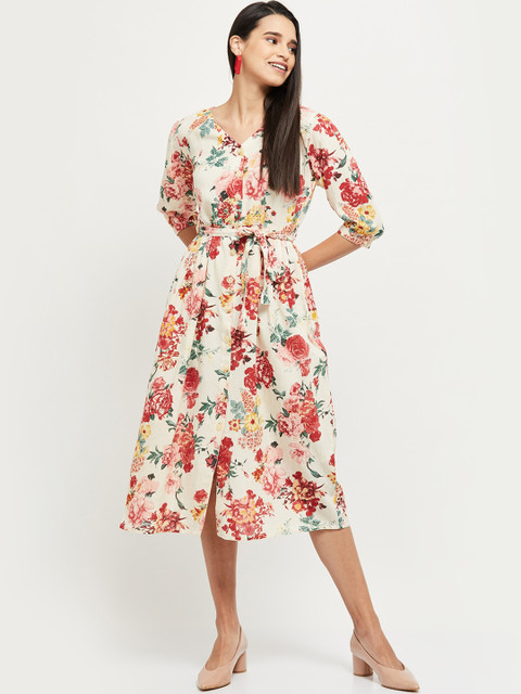

max Women Cream-Coloured & Red Floral Printed A-Line Dress