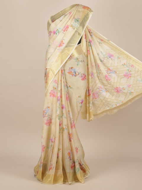 

Pothys Cream-Coloured Floral Printed Poly Chiffon Saree