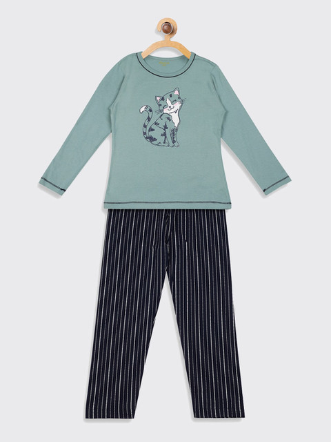 

Kanvin Girls Teal & Black Printed Night suit