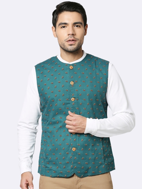 

Bewakoof Men Teal Blue & Brown Printed Pure Cotton Nehru Jacket
