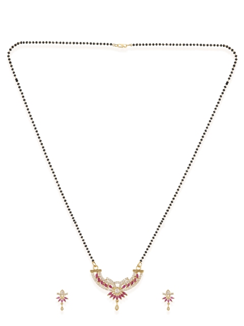 

ANIKAS CREATION Black & Pink Gold-Plated AD-Studded Beaded Mangalsutra & Earrings