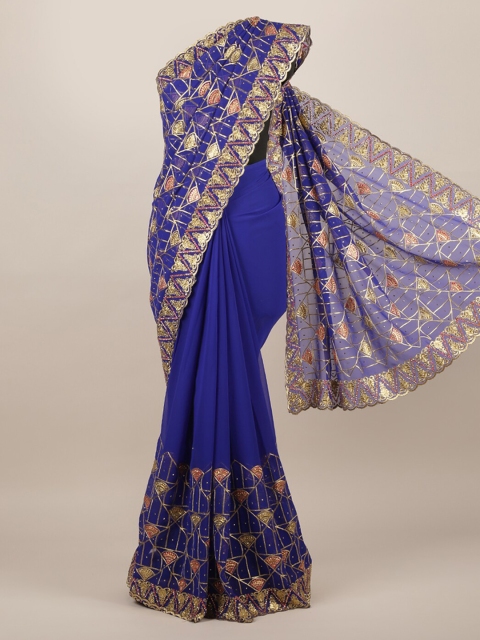 

Pothys Navy Blue & Golden Poly Chiffon Embellished Saree
