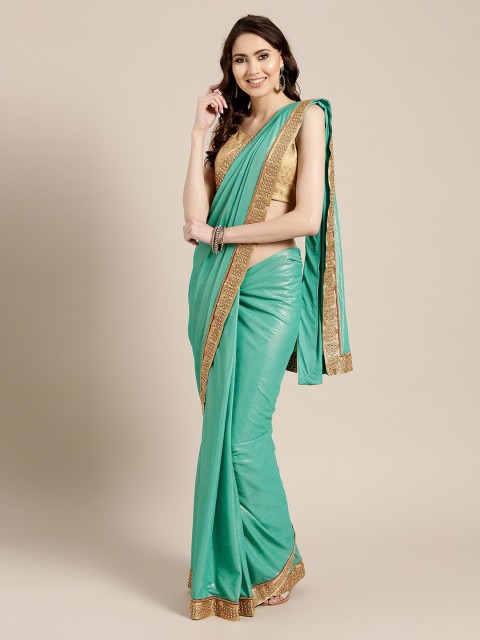

Chhabra 555 Teal Solid Poly Georgette Saree