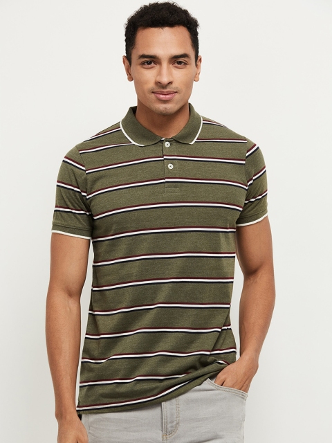 

max Men Green Striped Polo Collar T-shirt