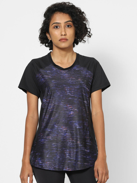 

Domyos by Decathlon Women Blue & Black Printed Mesh Back Regular-Fit Gym T-shirt