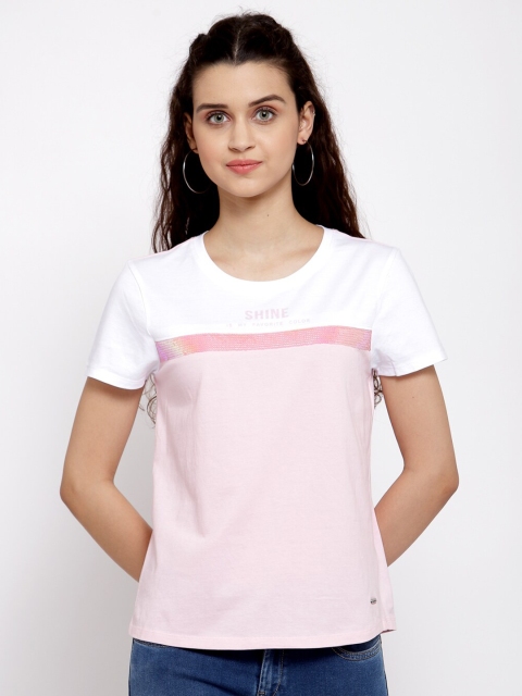 

Pepe Jeans Women Pink White Colourblocked Round Neck Cotton Pure Cotton T-shirt