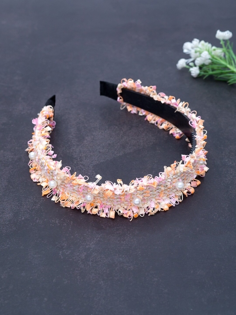 

Golden Peacock Women White Woven-Design Beaded Hairband