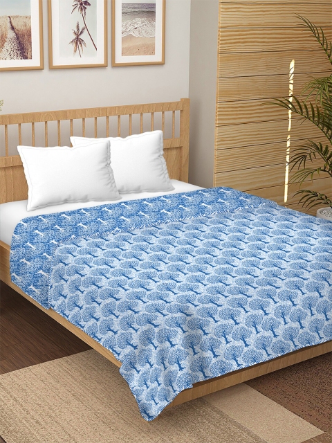 BELLA CASA Blue & White Floral AC Room 180 GSM Reversible Double Bed Dohar