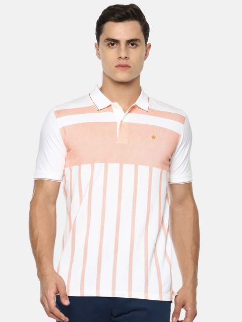 

Louis Philippe Men White & Peach-Coloured Striped Polo Collar T-shirt
