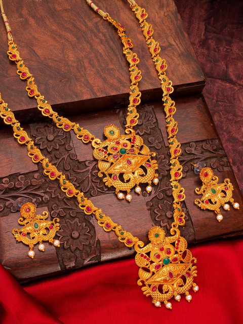 

aadita Pink & Green Gold-Plated Kundan-Studded & Beaded Temple Jewellery Set