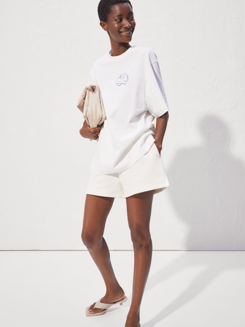 H&M Women White & Blue Printed Cotton Oversized T-shirt