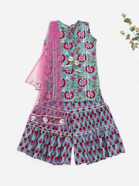 

The Magic Wand Girls Green & Pink Printed A-Line Pure Cotton Kurti with Sharara & Dupatta