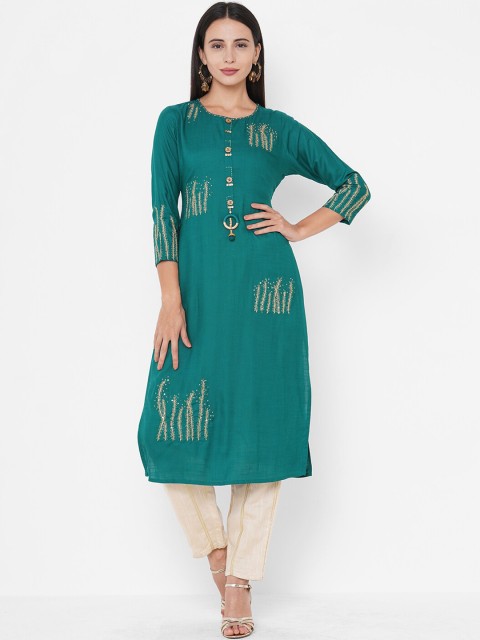 

FASHOR Women Green & Gold-Toned Embroidered Keyhole Neck Kurta